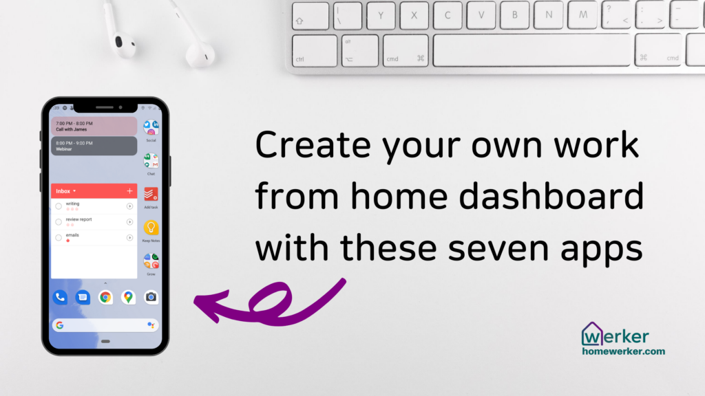 a phone displays a customized dashboard featuring seven work from home apps